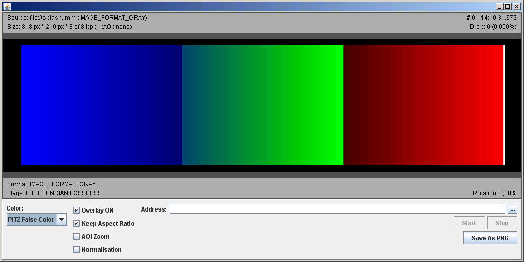 Screenshot of PITZ false colour mapping, on "no signal"-background